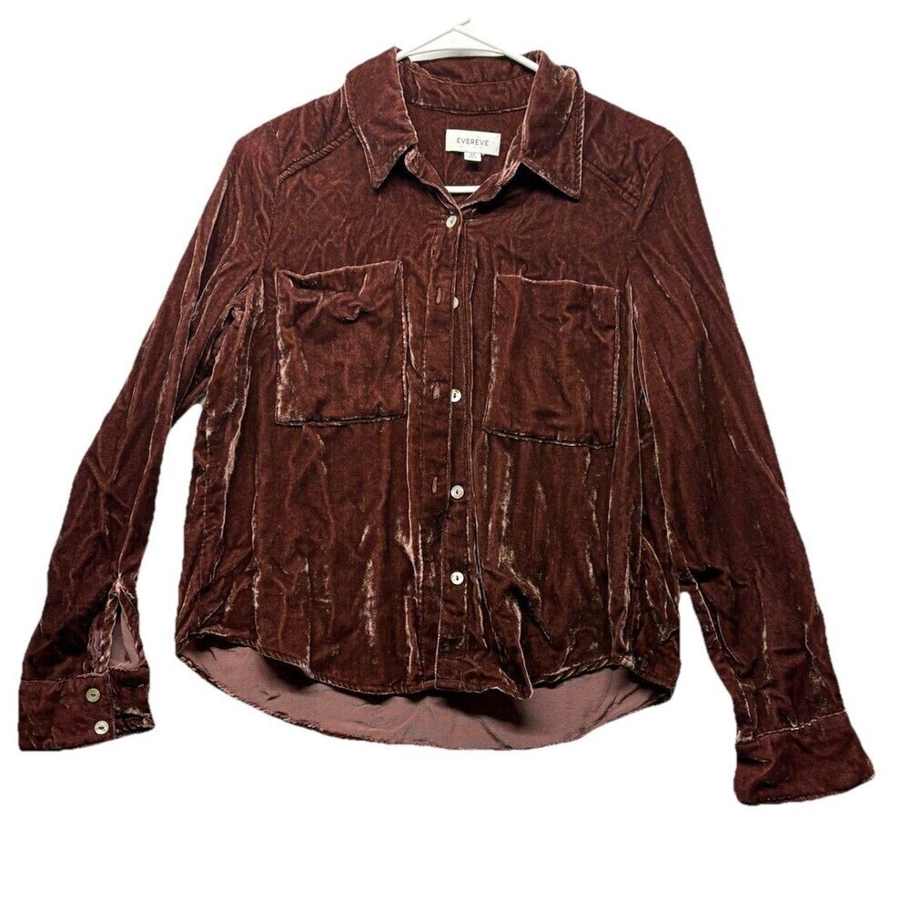Evereve Shirt Womens XS Brown Velvet Button Up Long Sleeve Pocket Top Soft *flaw